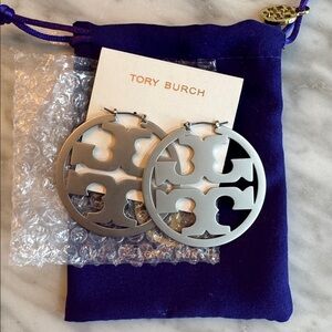 Tory Burch Matte Silver Logo Cutout Miller Hoop Earrings